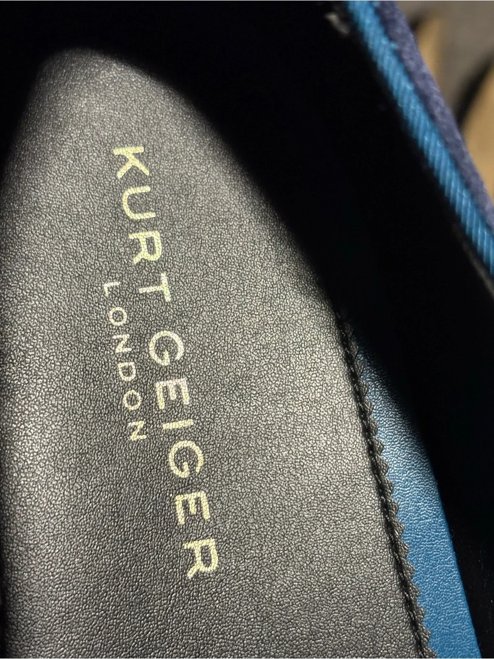 Kurt Geiger Navy Velvet Loafers with Blue Trim and Embellished Crest